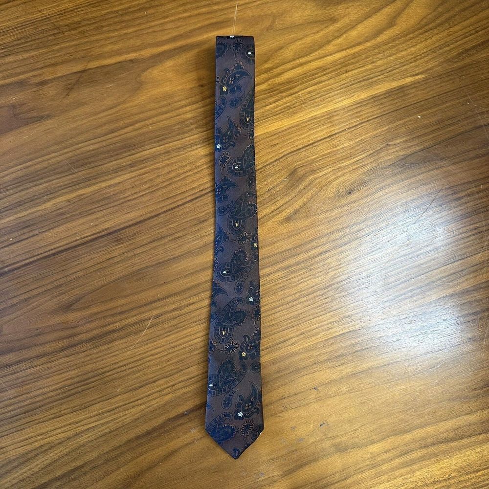 Vintage Brown Paisley Skinny Tie Dacron Orange Black